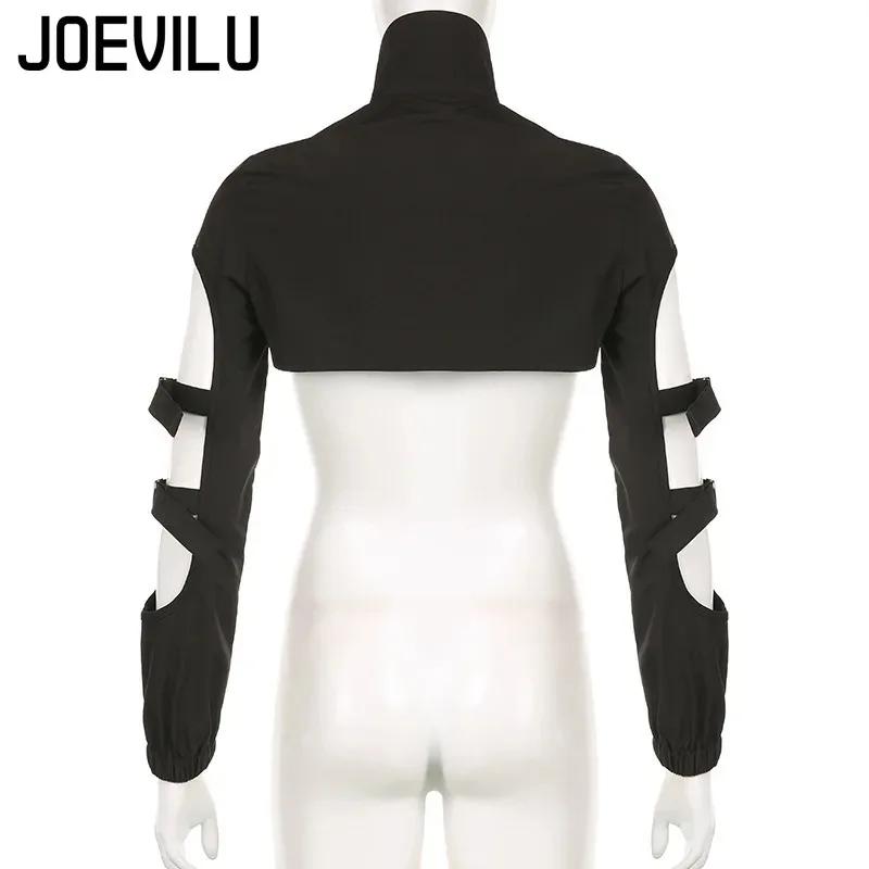 JOEVILU Femmes Cyberpunk Goth Harajuku Récolte Hauts Manches Longues Évider Fermeture Éclair T-shirt