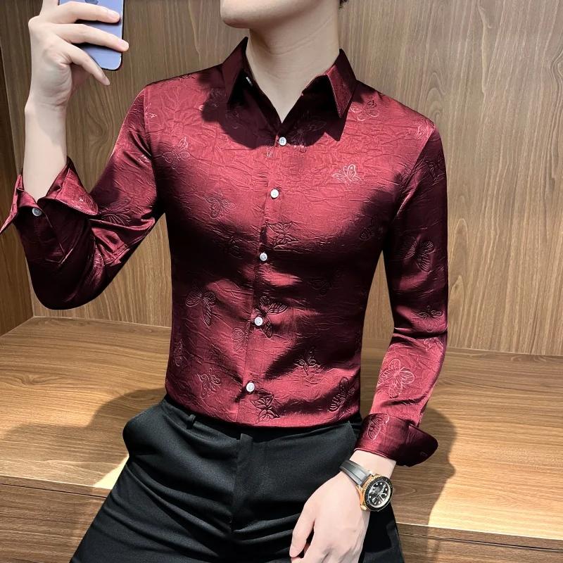 Chemise Jacquard papillon à manches longues pour hommes, tenue d'affaires décontractée, Slim Fit, St