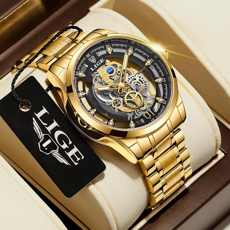LIGE – montre à Quartz automatique pour hommes, squelette doré, Vintage, marque de luxe, 2026