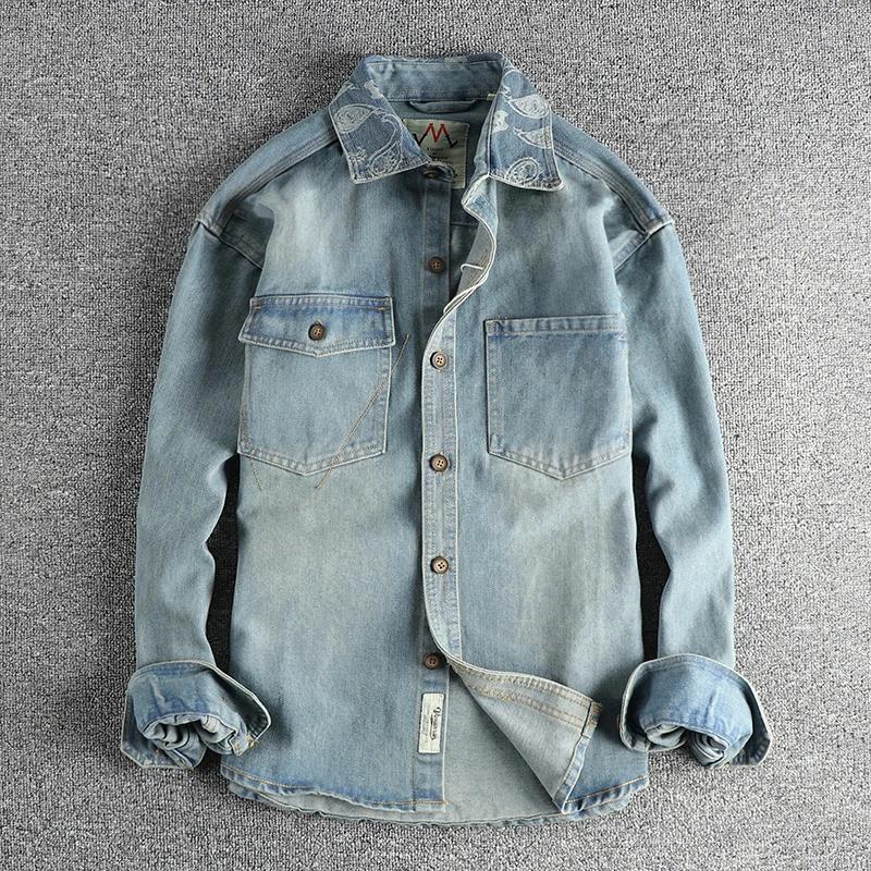 Manteau en denim rétro américain à manches longues pour hommes, revers, pur coton, lavé, vieux, mult