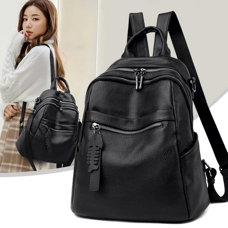 Sac à dos en cuir véritable pour femmes, sac à dos décontracté pour filles, sac à dos de voyage gran