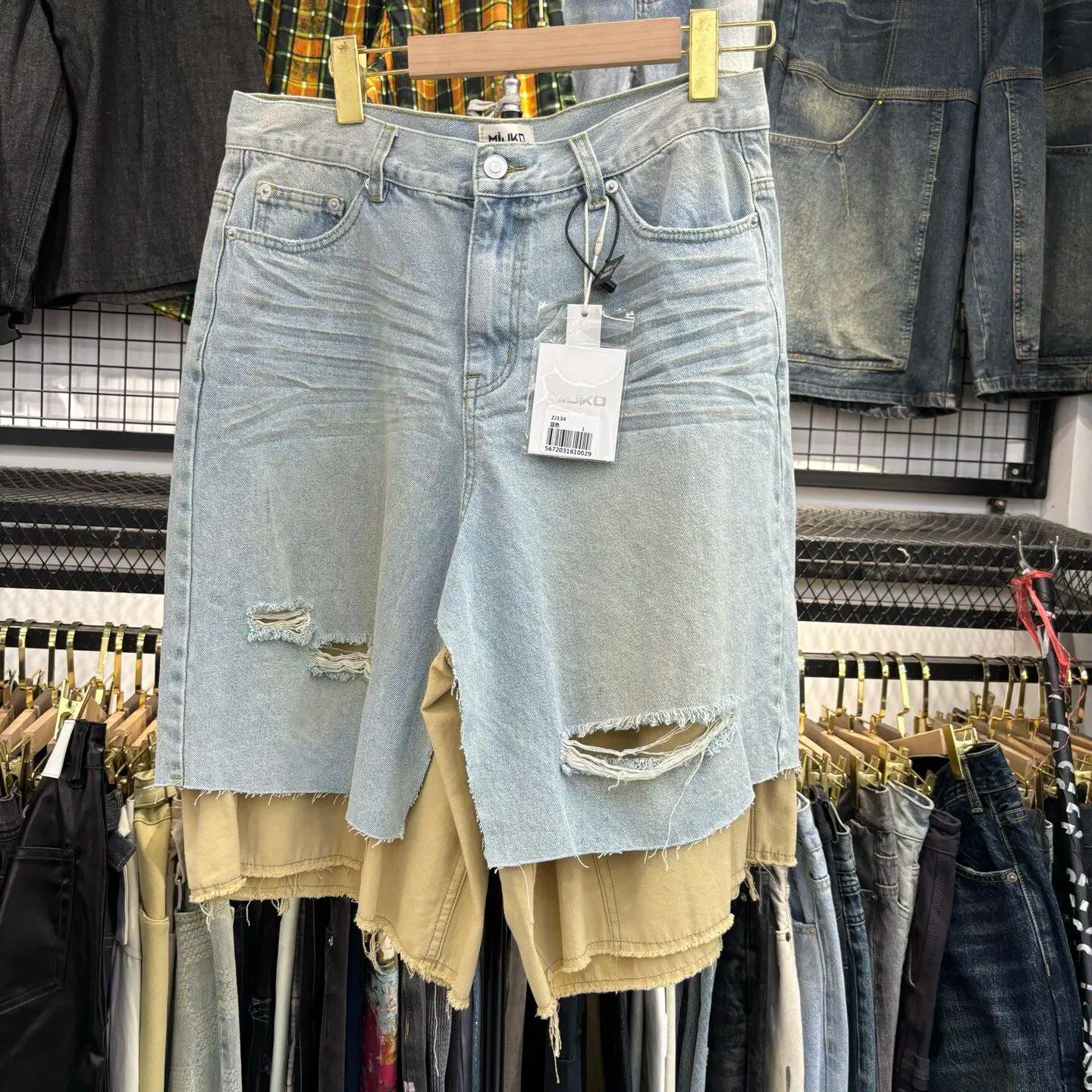 MIJKO – faux short surdimensionné en Denim deux pièces pour hommes et femmes, sept pouces, avec trou