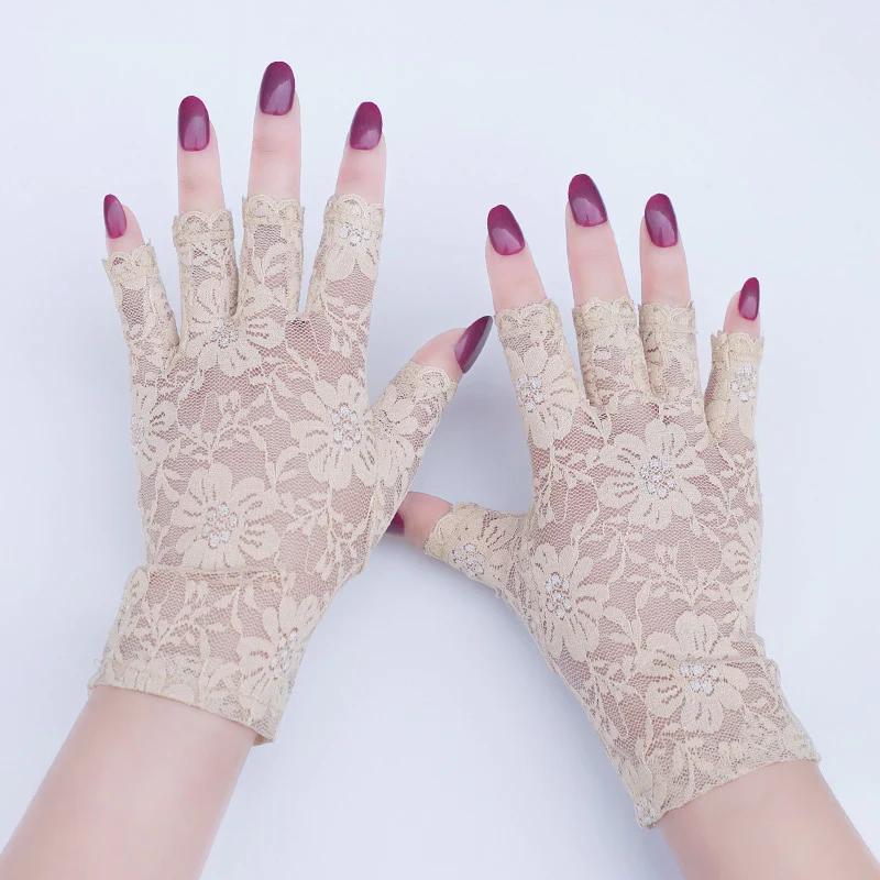 Gants courts en dentelle pour femmes, demi-doigt, Protection solaire, sans doigts, décoration de mar