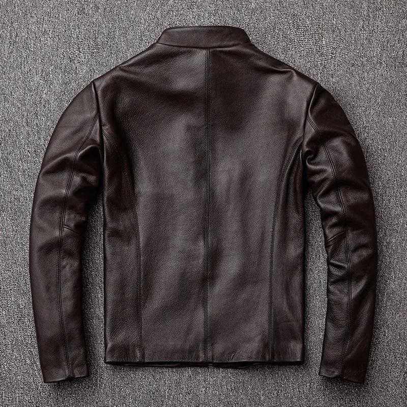 Veste en cuir véritable pour homme, coupe slim, col montant, première couche de cuir de vachette, vê