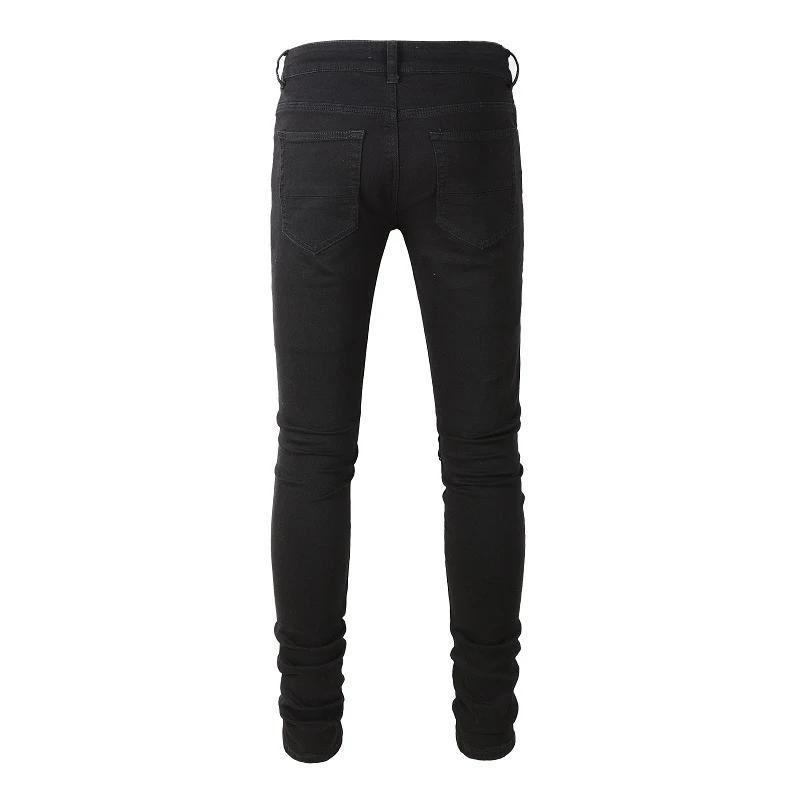 Jean de motard en cuir fissuré pour homme, pantalon en Denim Stretch, effilé, déchiré, Patchwork noi