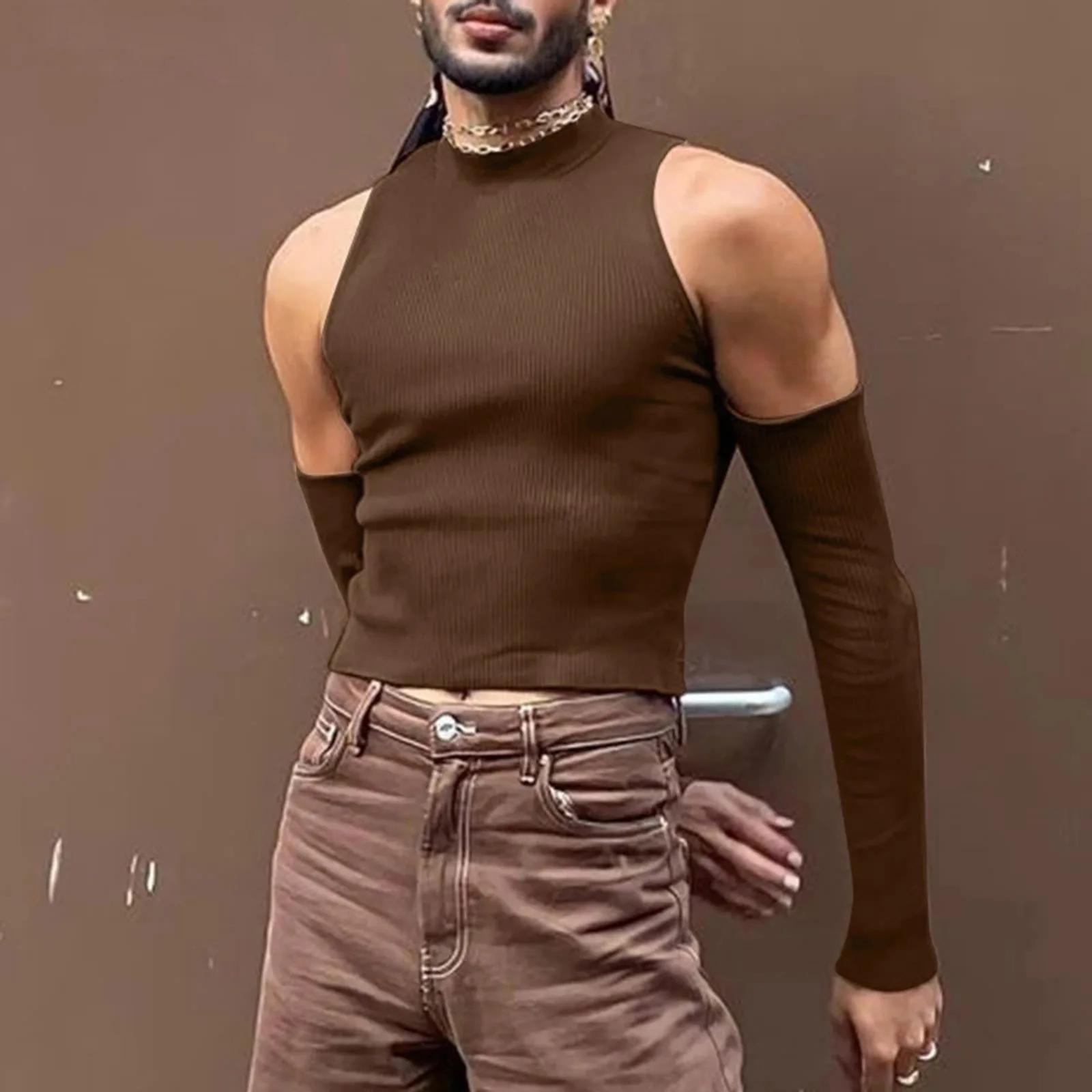 T-shirt manches longues col roulé pour hommes, Chic, ajouré, décontracté, Streetwear, Sexy, épaules 