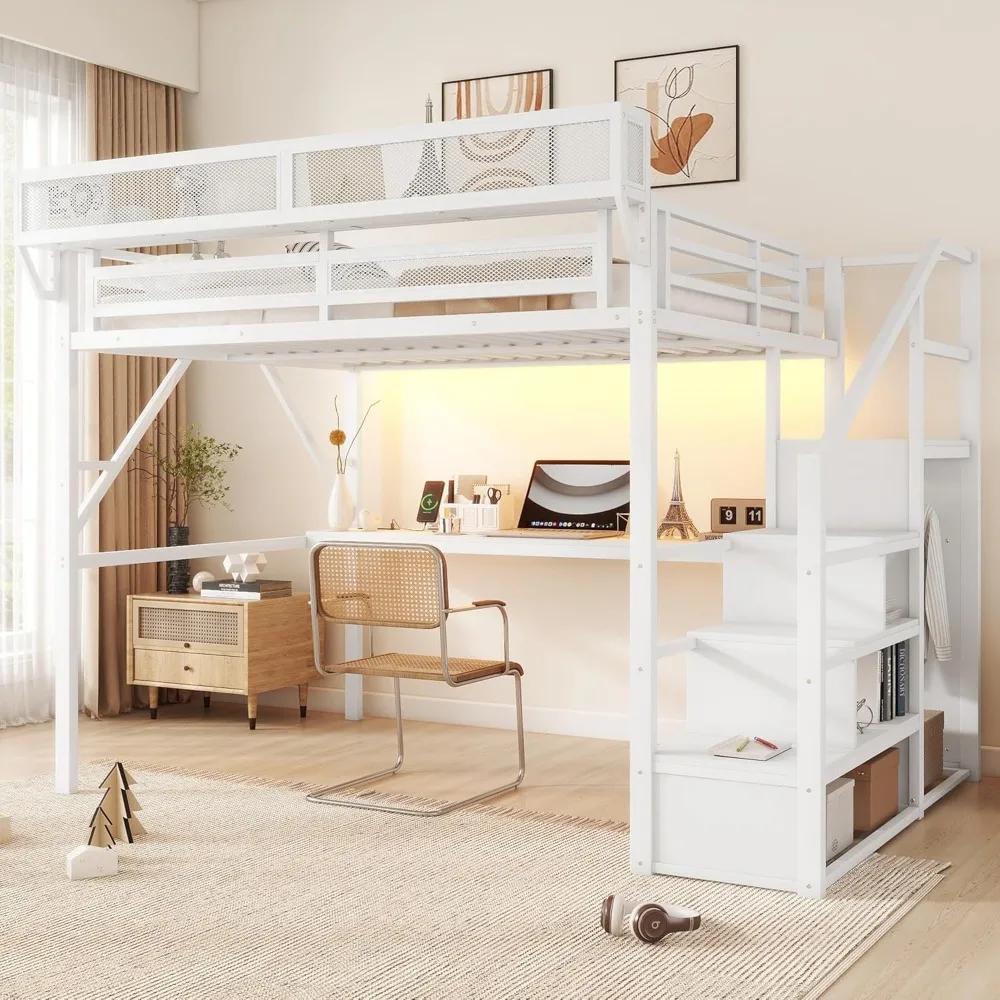 Lit mezzanine en métal robuste taille Queen avec 5 rangements, bureau et escalier