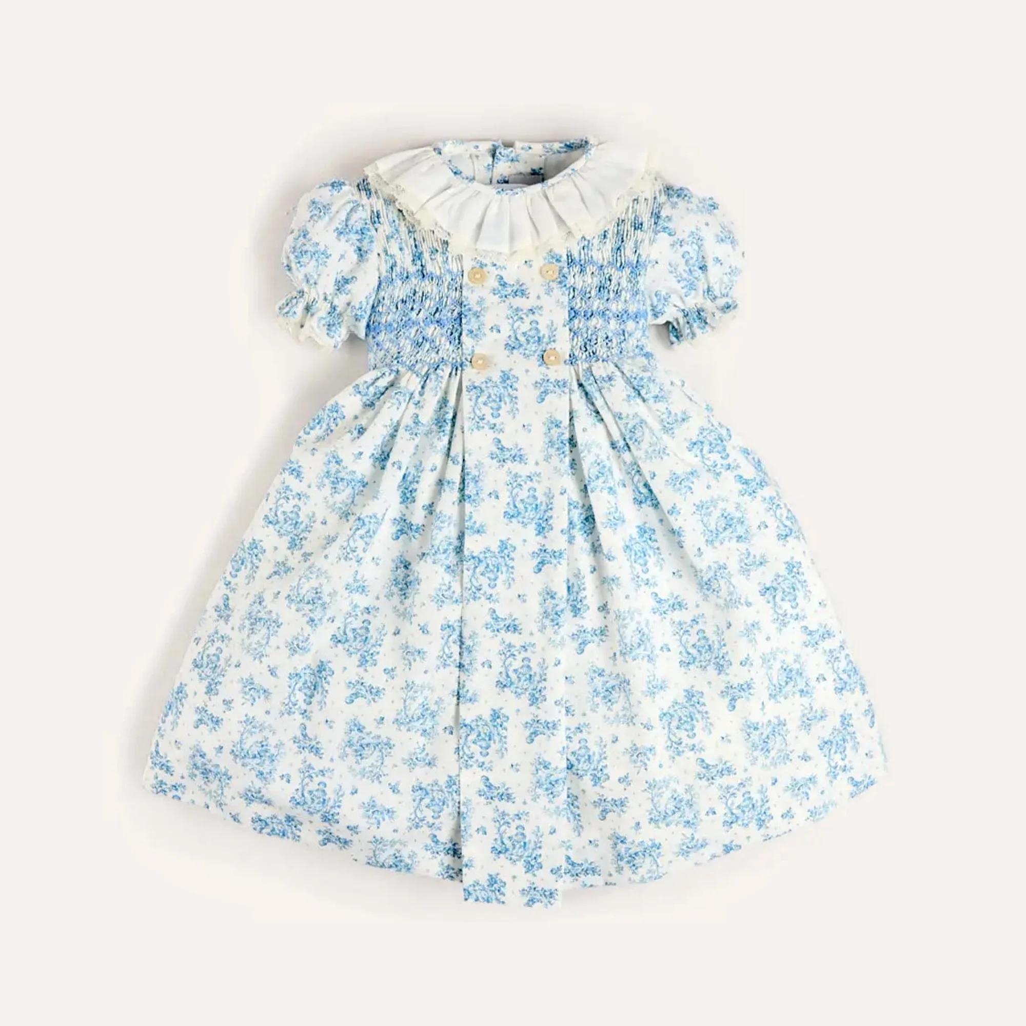 Robe d'été pour filles, style smocké, manches courtes bouffantes, col en dentelle à volants, imprimé
