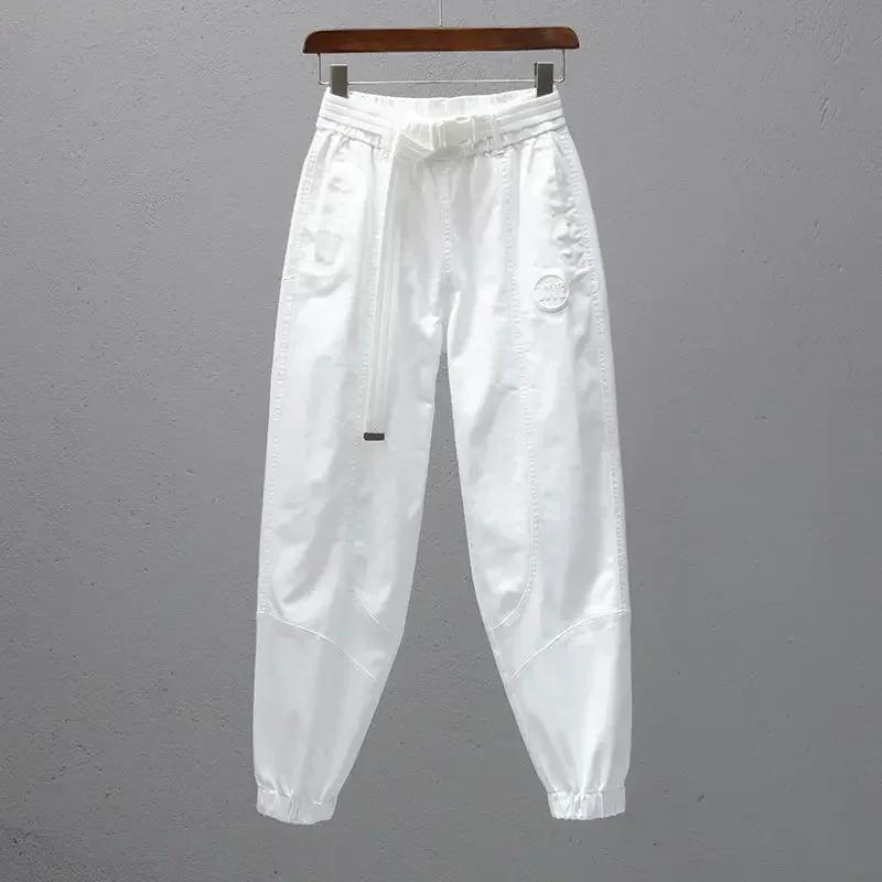 Pantalon blanc pour femmes avec ceinture élastique, jogging ample et décontracté, Leggings longueur 