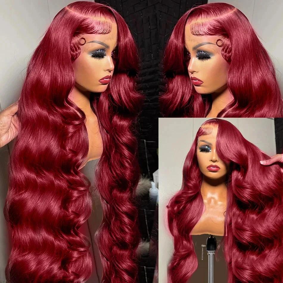 Perruque Lace Front Wig Body Wave Brésilienne Naturelle, Cheveux Humains, Rouge Bordeaux 99J, 13x4, 