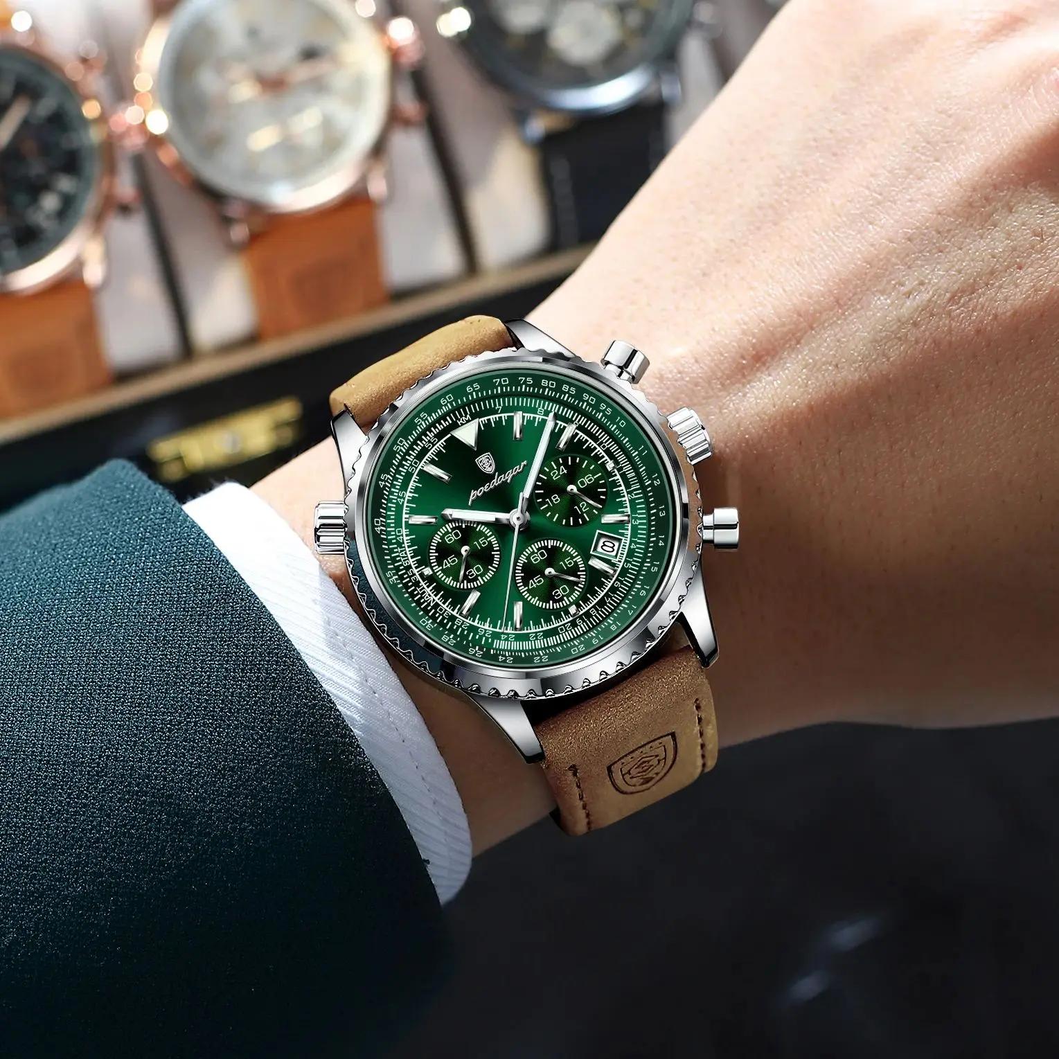 POEDAGAR montre pour hommes d'affaires de luxe étanche lumineux Date chronographe en cuir homme horl