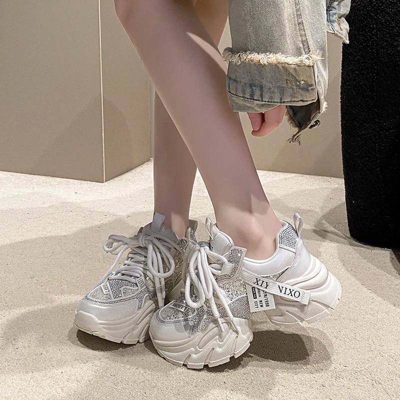 Chaussures décontractées pour femmes en cuir microfibre 6CM, nouvelles baskets épaisses à plateforme