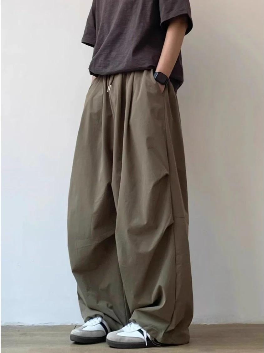 Pantalon décontracté unisexe plissé ample taille élastique coupe droite couleur unie style vintage j