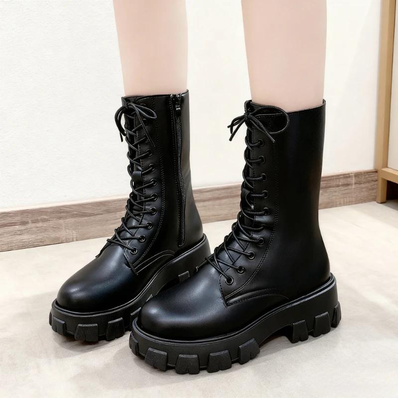 Nouveau mi-mollet bottes femmes automne hiver mode à lacets dames bottes plate-forme à glissière sem