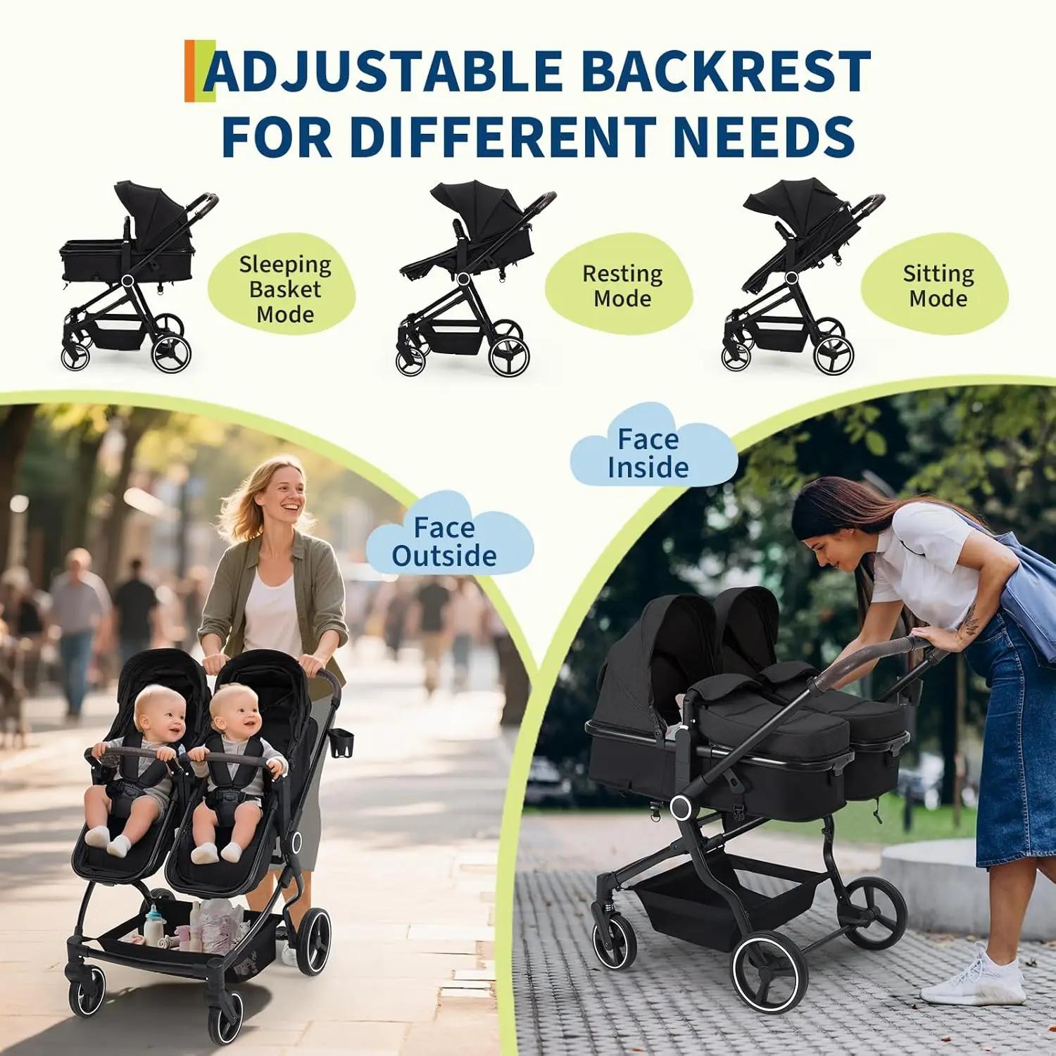 Poussette double pour jumeaux, poussette légère côte à côte pour bébé et tout-petit, poussette à un 