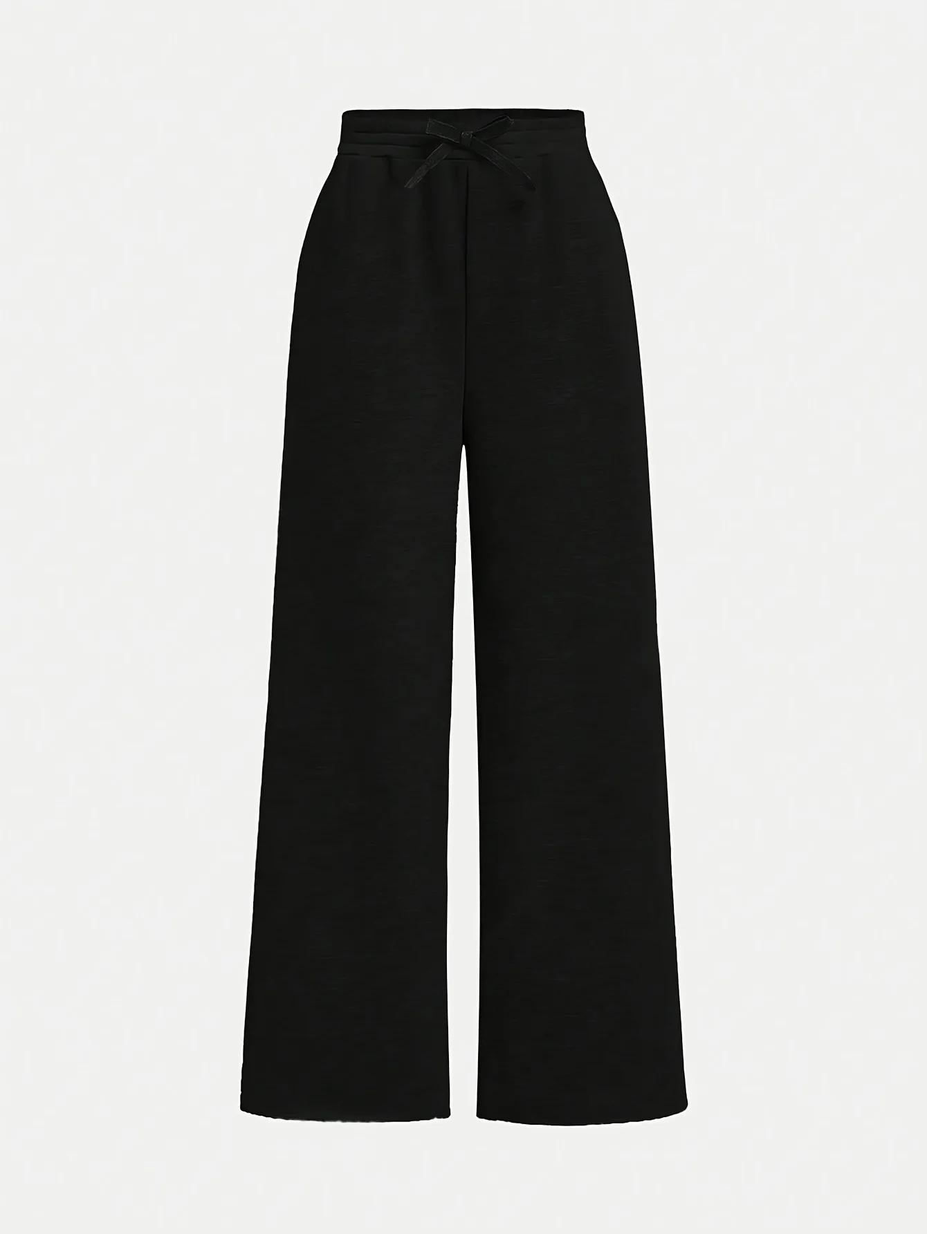 【Ensemble de 2 pièces】 Pantalon ample décontracté à jambes larges en tissu tricoté noir et gris pour