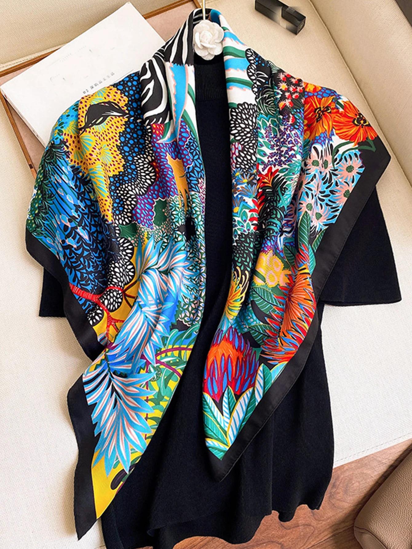Marque de luxe carré Foulard en soie femmes Satin imprimé Hijab foulards musulman paréo Bandana femm