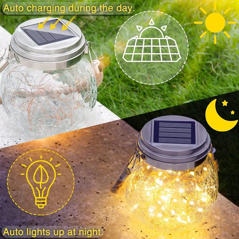 Lampe solaire en pot de verre fissuré, étanche IP65, 30led, blanc chaud et coloré, guirlande lumineu
