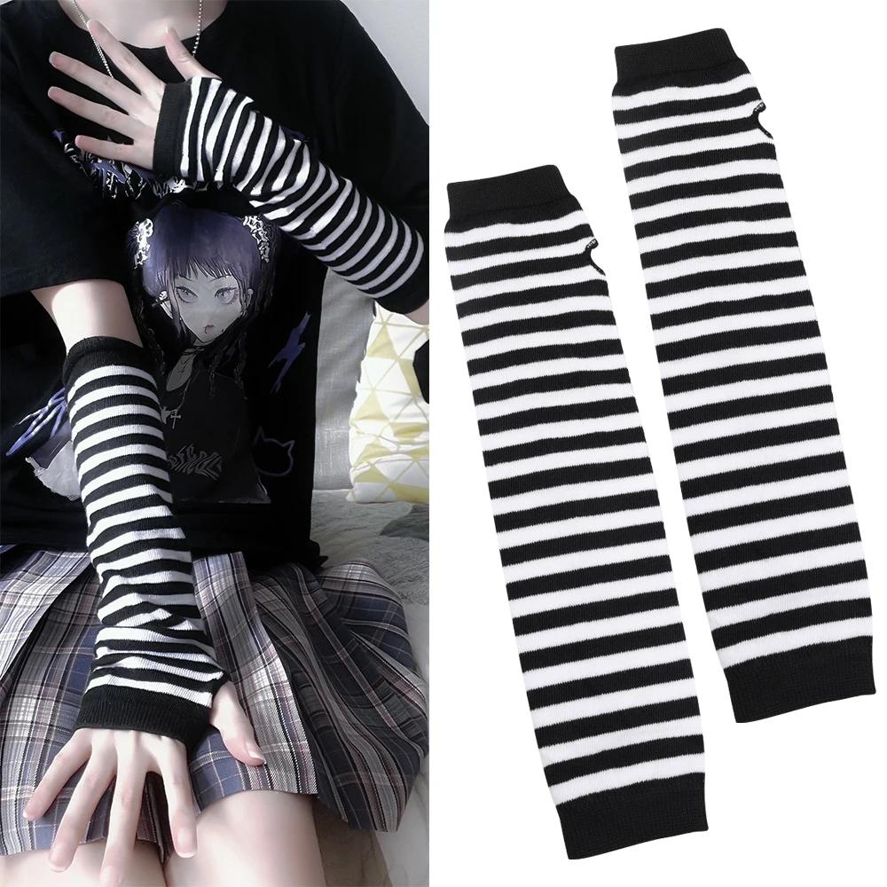 Y2K gothique Lolita gants bras couverture Harajuku chauffe-bras noir gris rayé sans doigts Punk long