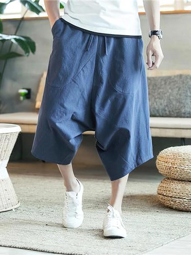 Été mince plage coton lin Shorts décontracté és hommes japonais jambe large Baggy Capris pantalon mâ