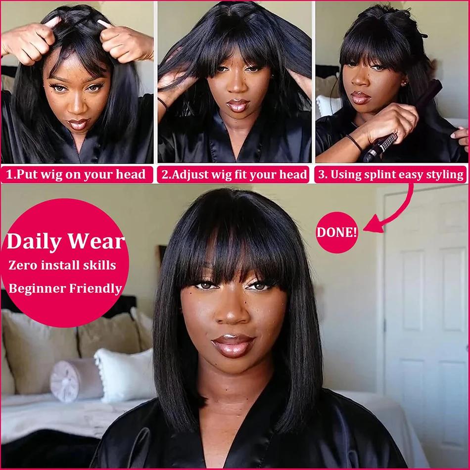 WiggKnitting-Perruque Bob Lace Wig avec Frange, Cheveux Naturels Lisses, Faite à la Machine, Partie 