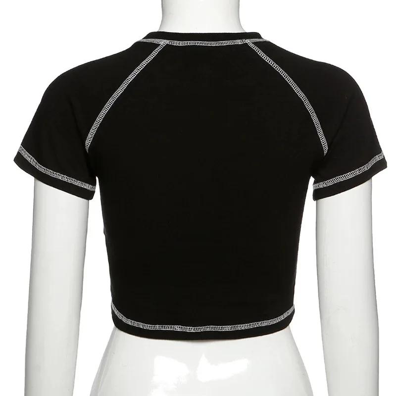 Vêtements graphiques vintage amusants pour filles, haut court noir, imprimé tête de mort mince, Swee