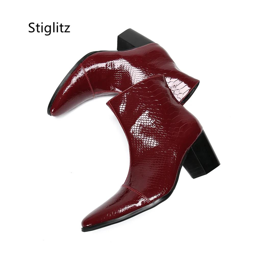 Bottines en cuir véritable pour hommes, noir et rouge, talons hauts de 8Cm, motif serpent rétro, bou