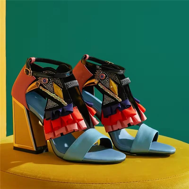 Sandales à Talons Épais et Strass pour Femme, Chaussures d'Été Assorties avec Ceinture, Nouvelle Col