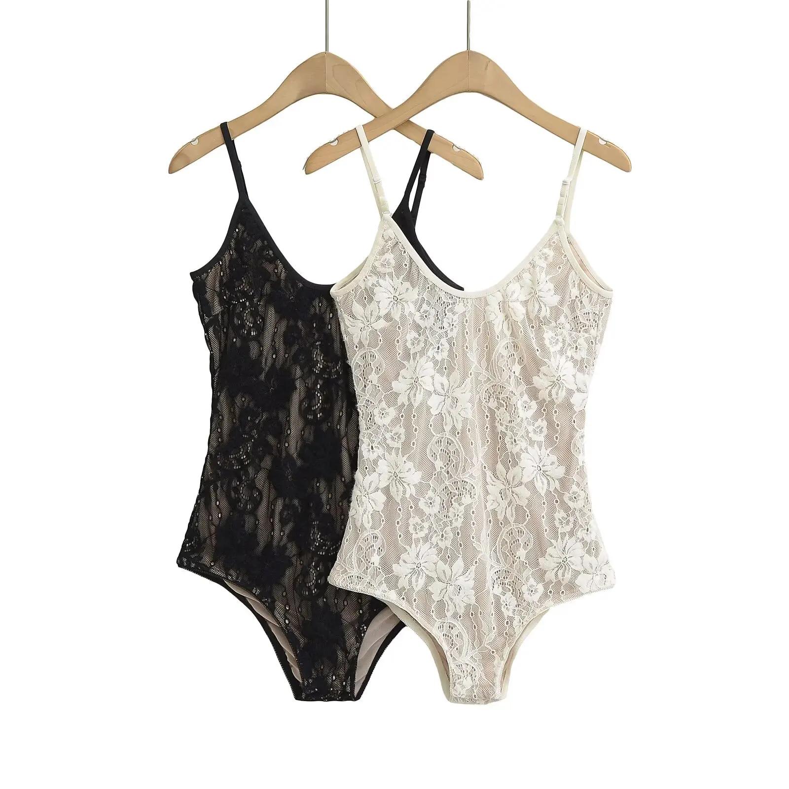 Sexy voir à travers la dentelle avec doublure dos nu Spaghetti sangle body femme fronde serré combin