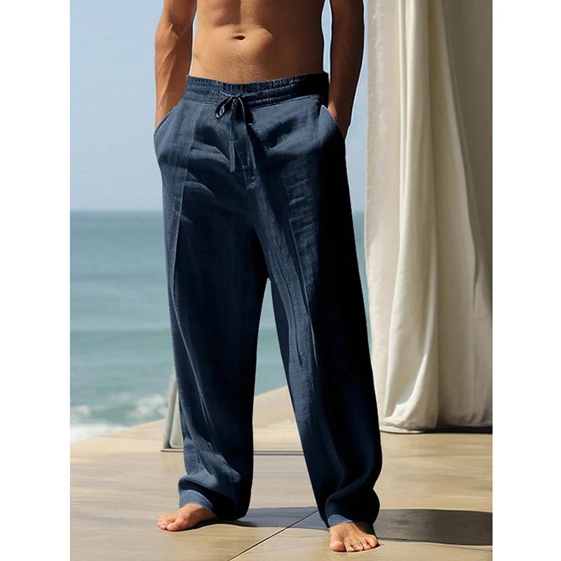 Pantalons de sport et de yoga pour hommes, printemps-automne, en tissu mélangé coton et lin, coupe a