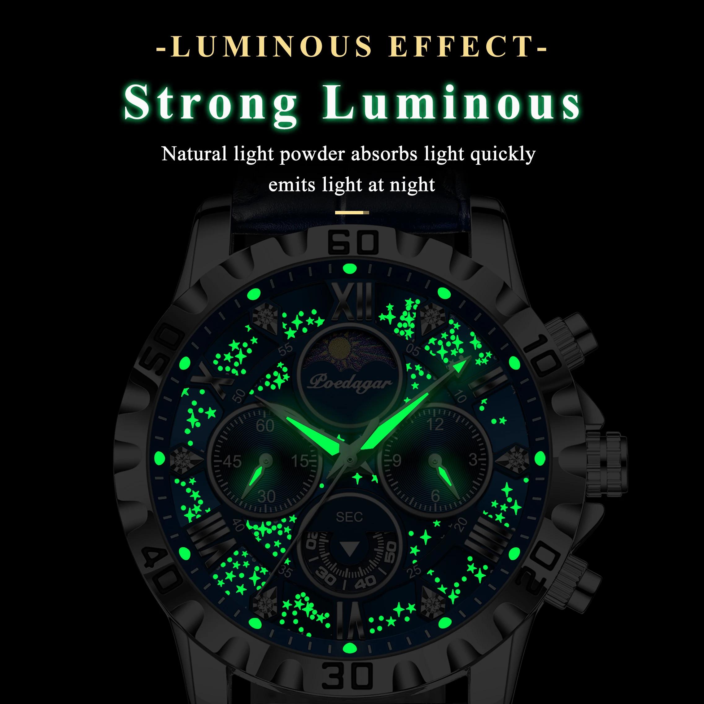 Montre homme POEDAGAR, haut de gamme, fonctionnelle, luxueuse, étanche, chronographe lumineux, brace