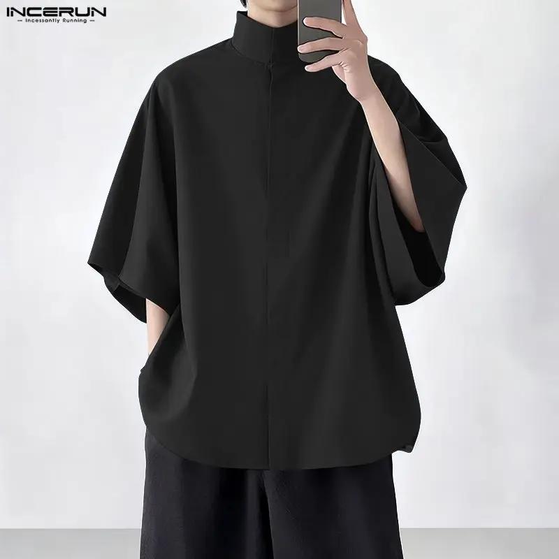 INCERUN hommes chemise solide col montant à manches courtes hommes vêtements en vrac Style coréen St