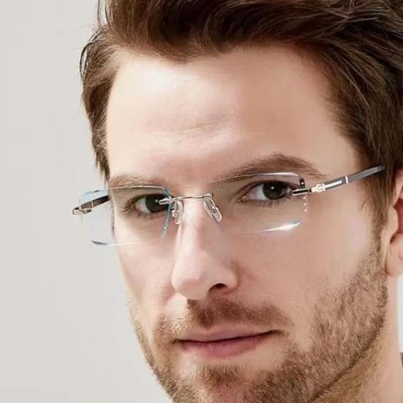 Lunettes de myopie photochromiques d'affaires pour hommes, coupe diamant, sans bords, UV400, lunette