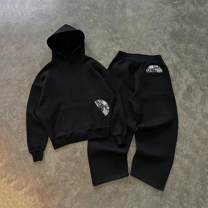 Ensemble sweat à capuche et pantalon tendance printemps, motif brodé 3D, couleur unie Y2K, ensemble 