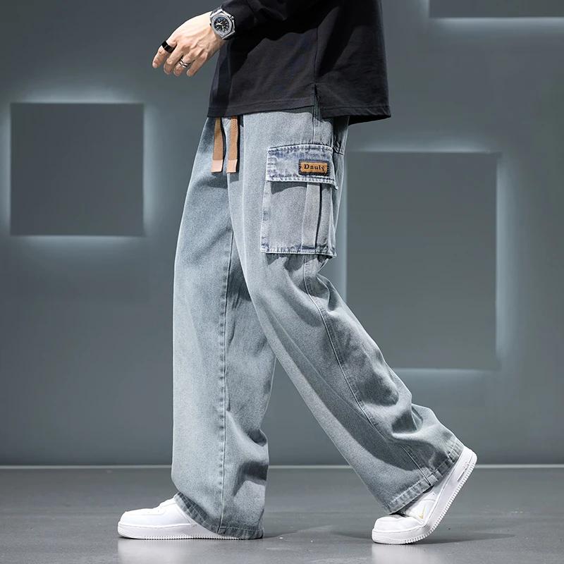 Automne nouveau jambe large lavage Jean pantalon hommes pantalon neutre couleur unie ample décontrac