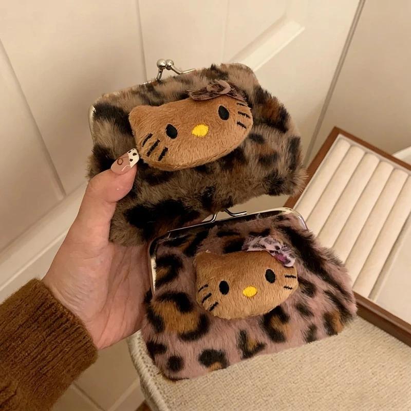 Sac de rangement portable en peluche motif léopard rétro Sanrio mignon / Porte-monnaie motif léopard