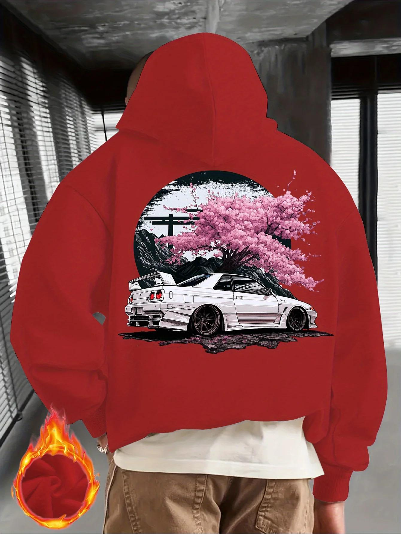 Sweat à capuche noir pour hommes avec voiture JDM blanche et imprimé dos de fleur de cerisier rose, 