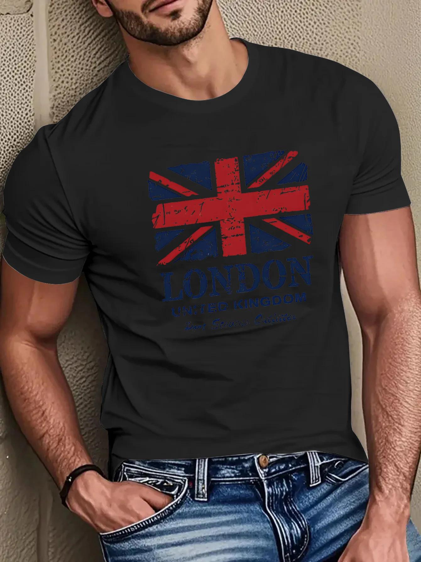 T-shirt à manches courtes pour hommes, 100% pur coton, imprimé drapeau britannique et monuments de L