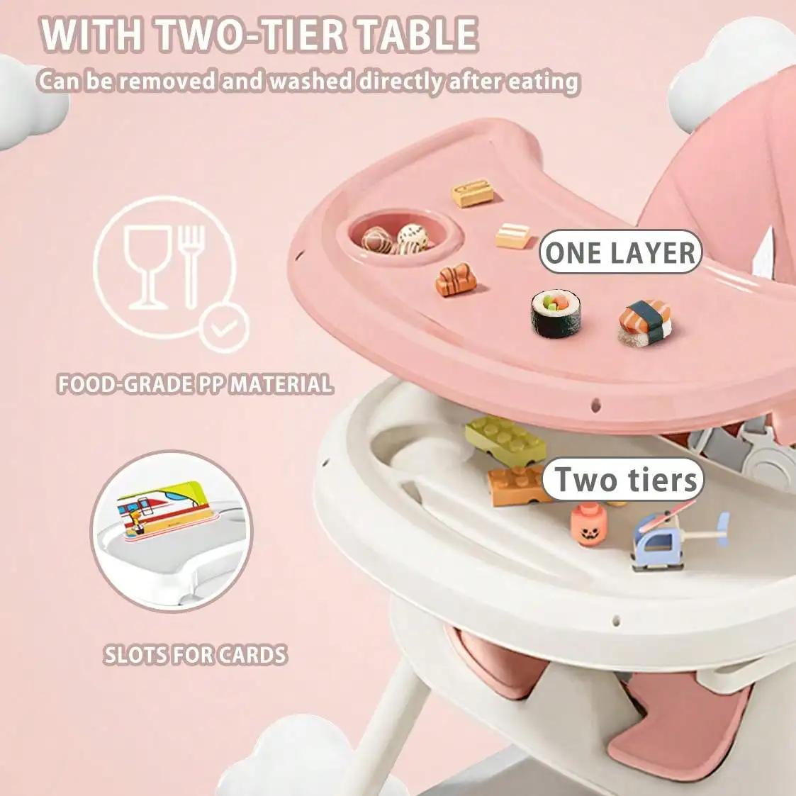 Chaise haute bébé 3 en 1 pliable et réglable - Plateau amovible et ceinture sécurité - Repose-pieds et roues