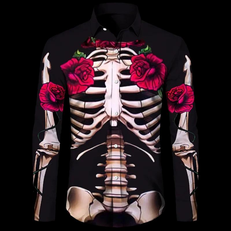 Chemise à boutons imprimé squelette 3D pour hommes et femmes, haut Streetwear à manches longues pour