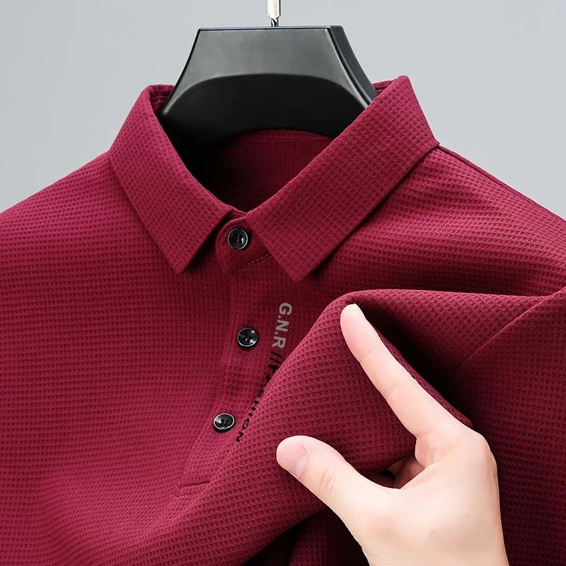 POLO gaufré à manches longues pour hommes avec lettre imprimée revers haut décontracté
