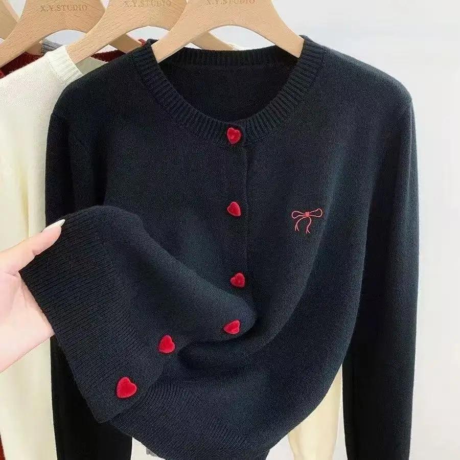 Cardigan en tricot pour femme 2026, broderie nœud, col rond, boutonnage simple, boutons en forme de 