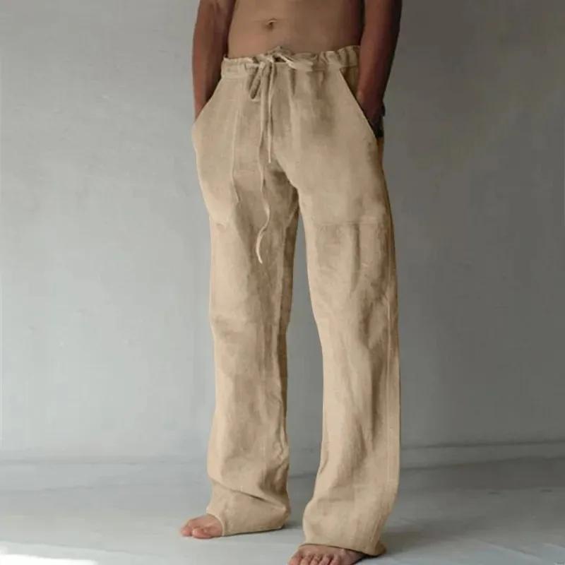 Pantalon Long en coton et lin pour hommes, couleur unie, respirant, décontracté, taille élastique, H