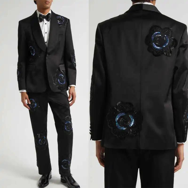 Costume de Mariage Tendance pour Marié, Smoking à Revers Châle Perlé, Simple Boutonnage, 2 Pièces (V