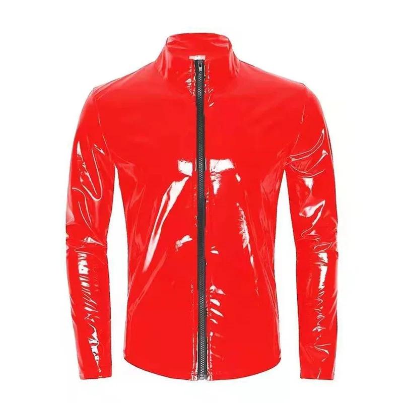 Nouveaux hommes Cardigan à fermeture éclair col montant chemise PVC brillant en cuir verni Sexy serr