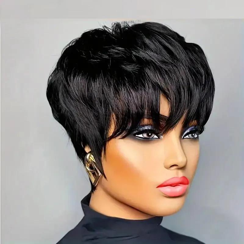 Perruques Pixie Cut pour femmes, perruque courte en cheveux humains avec frange, perruque Pixie Cut 