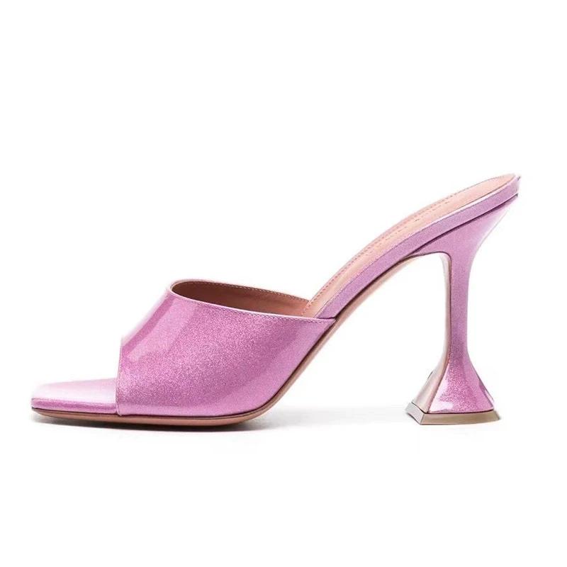 Coloré bout carré bout ouvert en forme de talon haut pantoufles femme été 2025 or sans lacet verre à