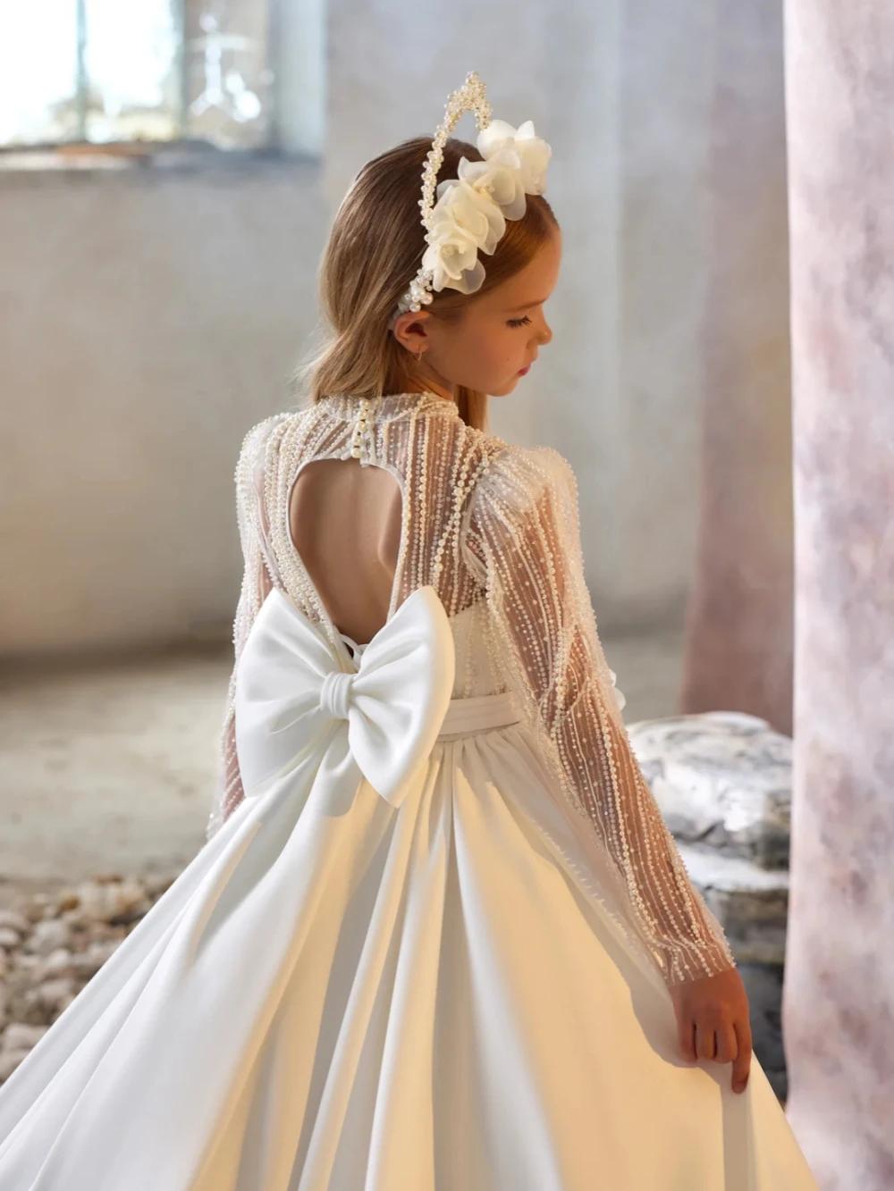Robe de princesse longue en Satin pour filles, tenue de princesse à paillettes et perles, avec fleur