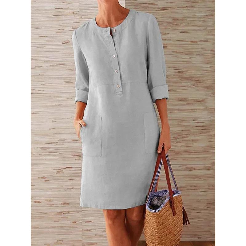 Robe tunique en coton et lin pour femmes, décontractée, solide, manches longues, Vintage, droite, ma