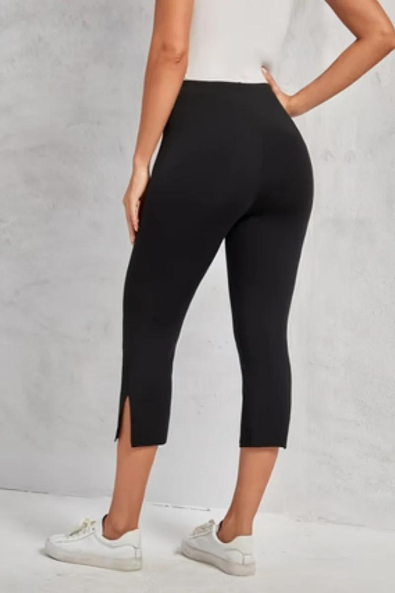 Pantalon noir taille haute fendu pour femmes, mode sept-huitième